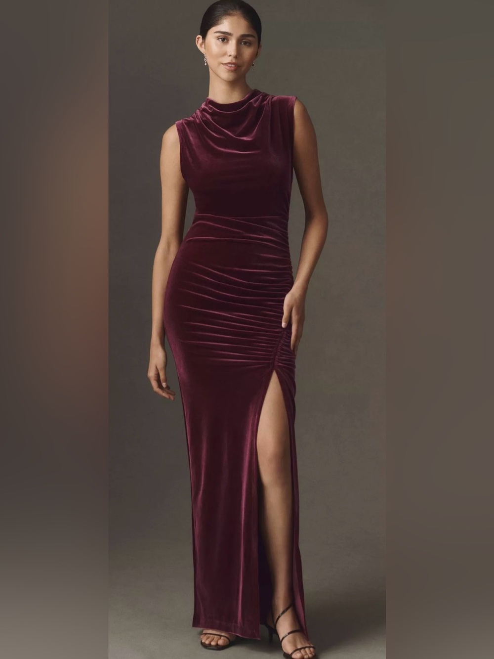 Anthropologie Sleeveless Burgundy Velvet Ruched Gown with Side Slit BNWT NWT S
